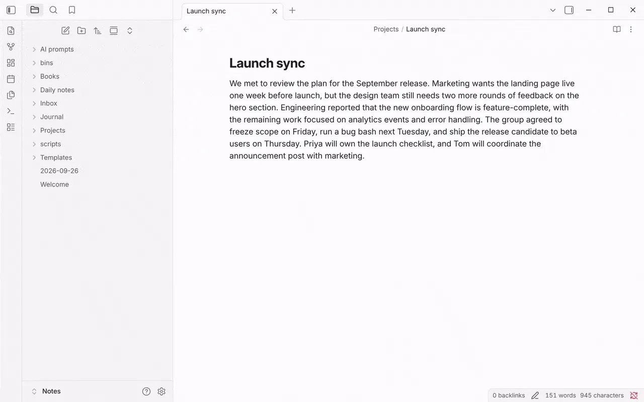 Building a Summarize selection macro with an AI Assistant command and a Capture, then running it on a selected paragraph to append a summary