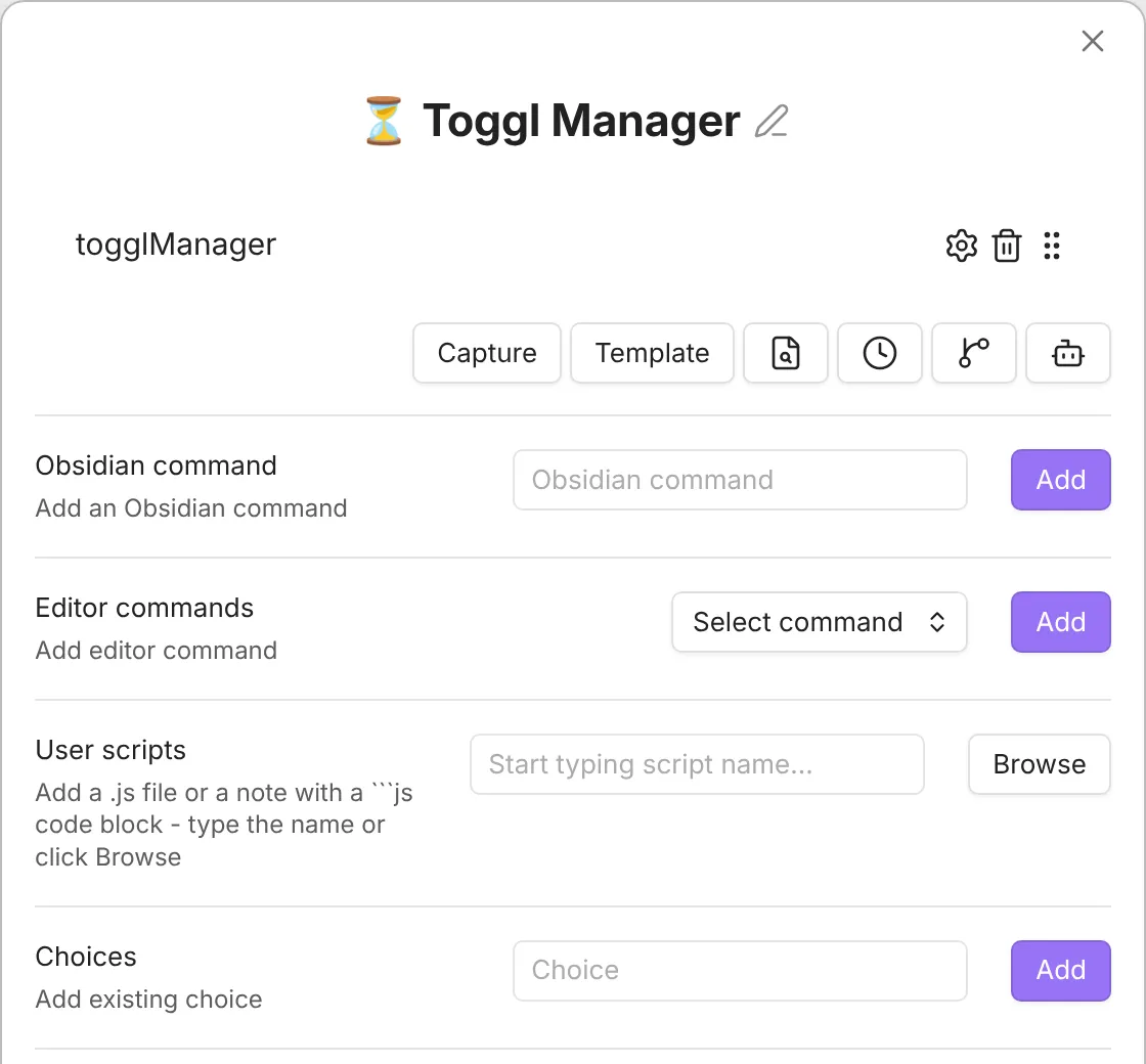 The Toggl Manager macro, with the togglManager user script as its only command