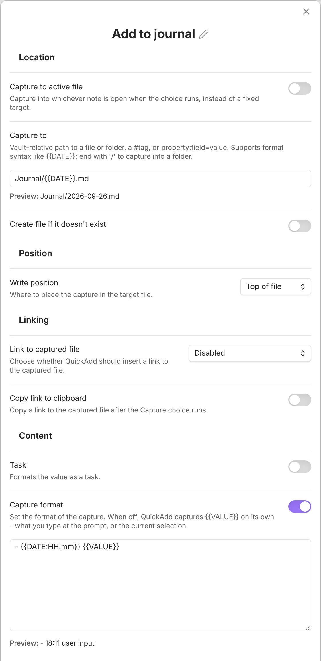 The QuickAdd Capture builder, showing the Location and Position sections