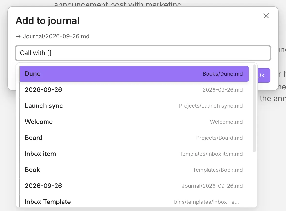 The QuickAdd suggester listing files after typing two square brackets