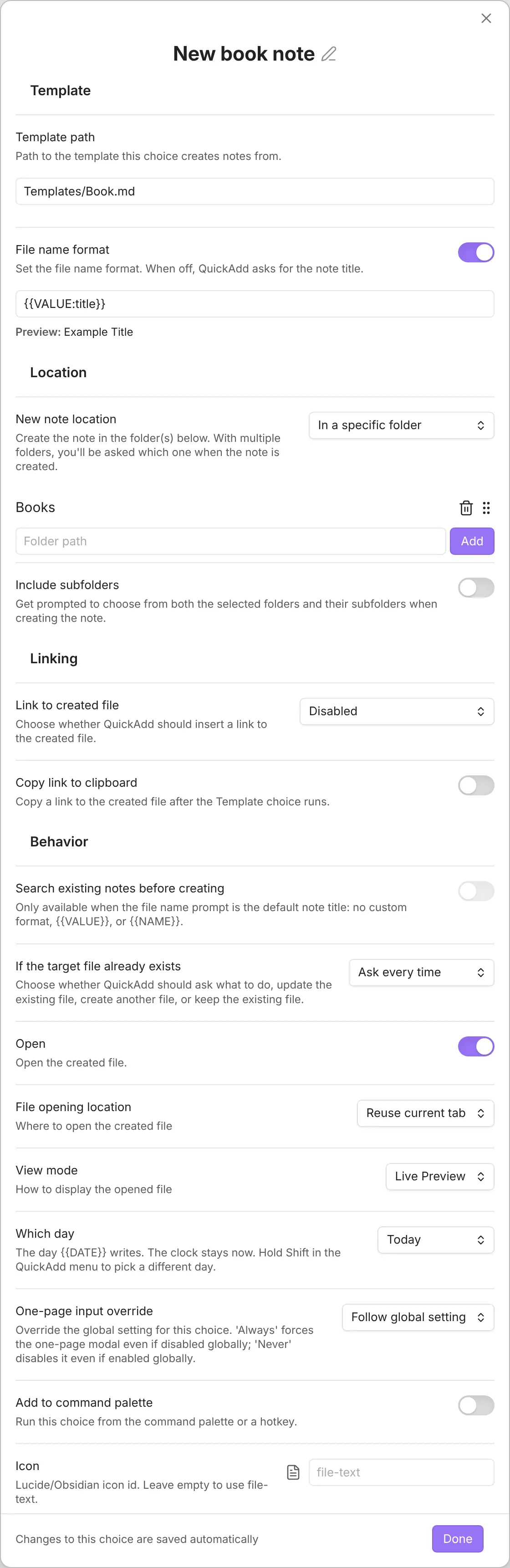 The QuickAdd Template builder, showing the Template, Location, Linking, and Behavior sections